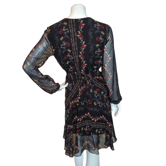 Guess Black Floral Faux Wrap Long Sleeve Mini Dress (no belt) - Picture 7 of 16